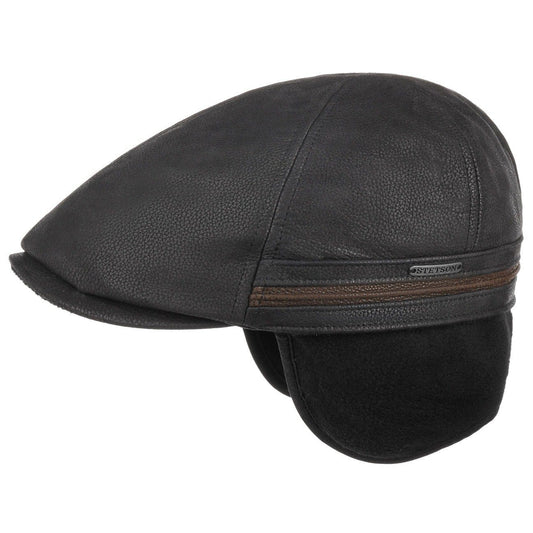 Stetson Redding Leder - Flatcap aus Leder - Duck Cap - mit Ohrenklappen - Schwarz